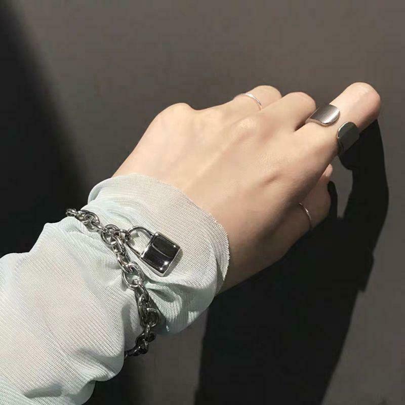 Punk Stainelss Steel Lock Pendant Bracelet Wristband Chunky Link Chain Bangles