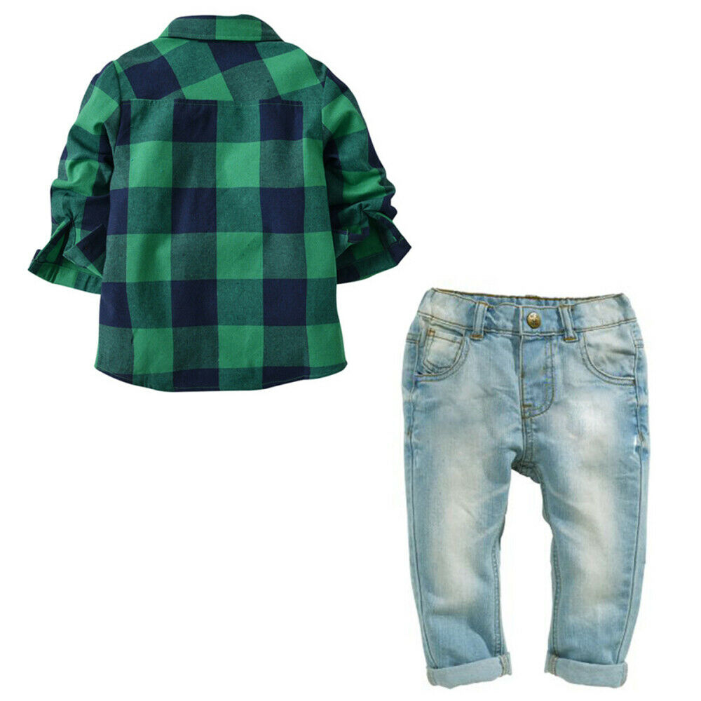 Kids Boys Clothes Set Gentleman Suit Long Sleeve Plaid Shirt+ Jeans Pant Set