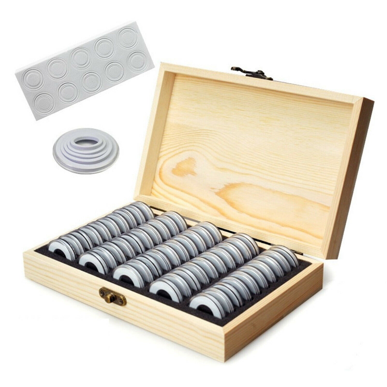 Wood Coin Storage Box with Round Coin Capsules Medal Tray Holder Display
