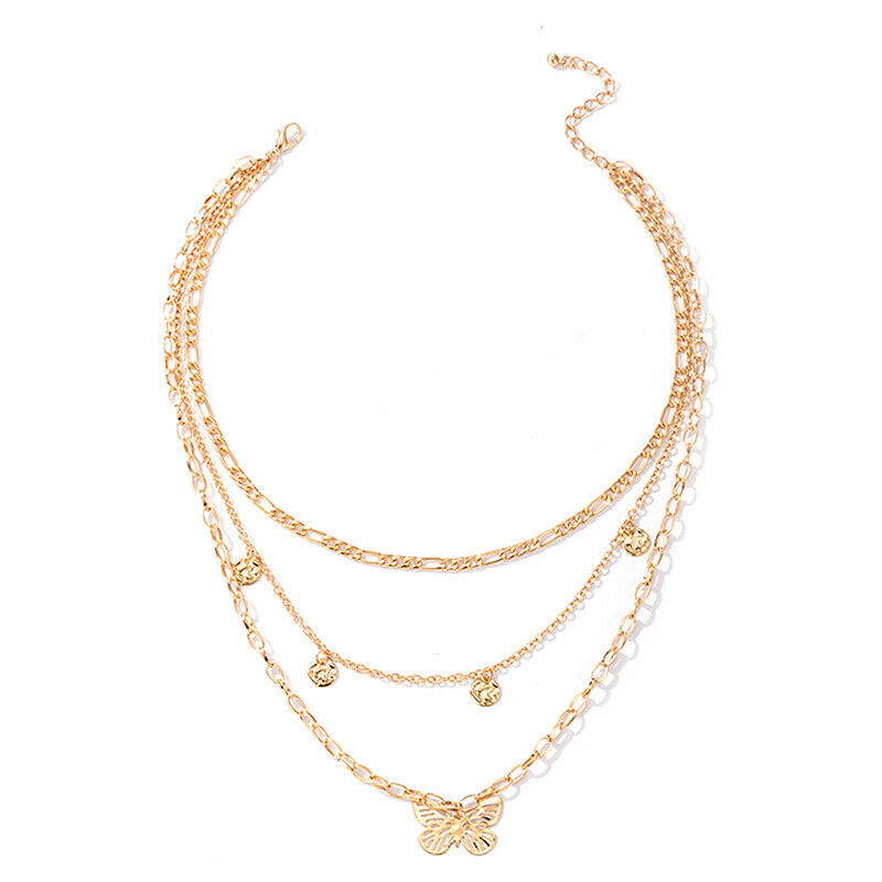 Multilayer Butterfly Charms Chunky Chain Necklace For Women Pendants Jewe.l8