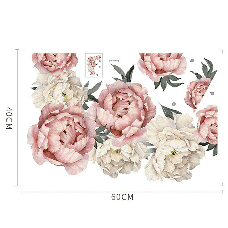 Pink Peony Flower Wall Stickers Romantic Home Decor for Bedroom Living Ro.l8