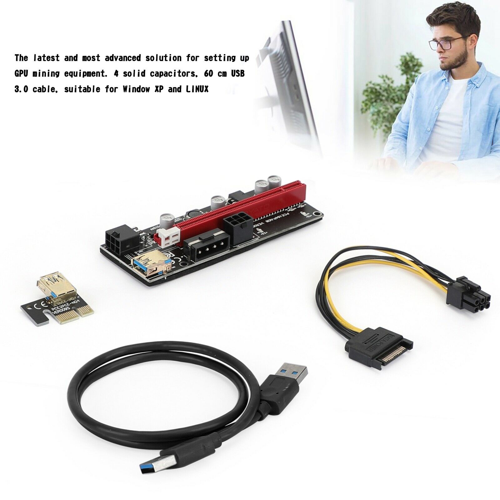 PCI-E 1x to 16x Powered USB3.0 GPU Riser Extender Adapter Card VER 009S Black