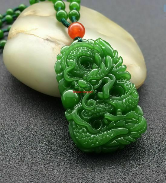 Natural Green Hand-carved Chinese Hetian Jade Pendant - Dragon-Free Necklace100%