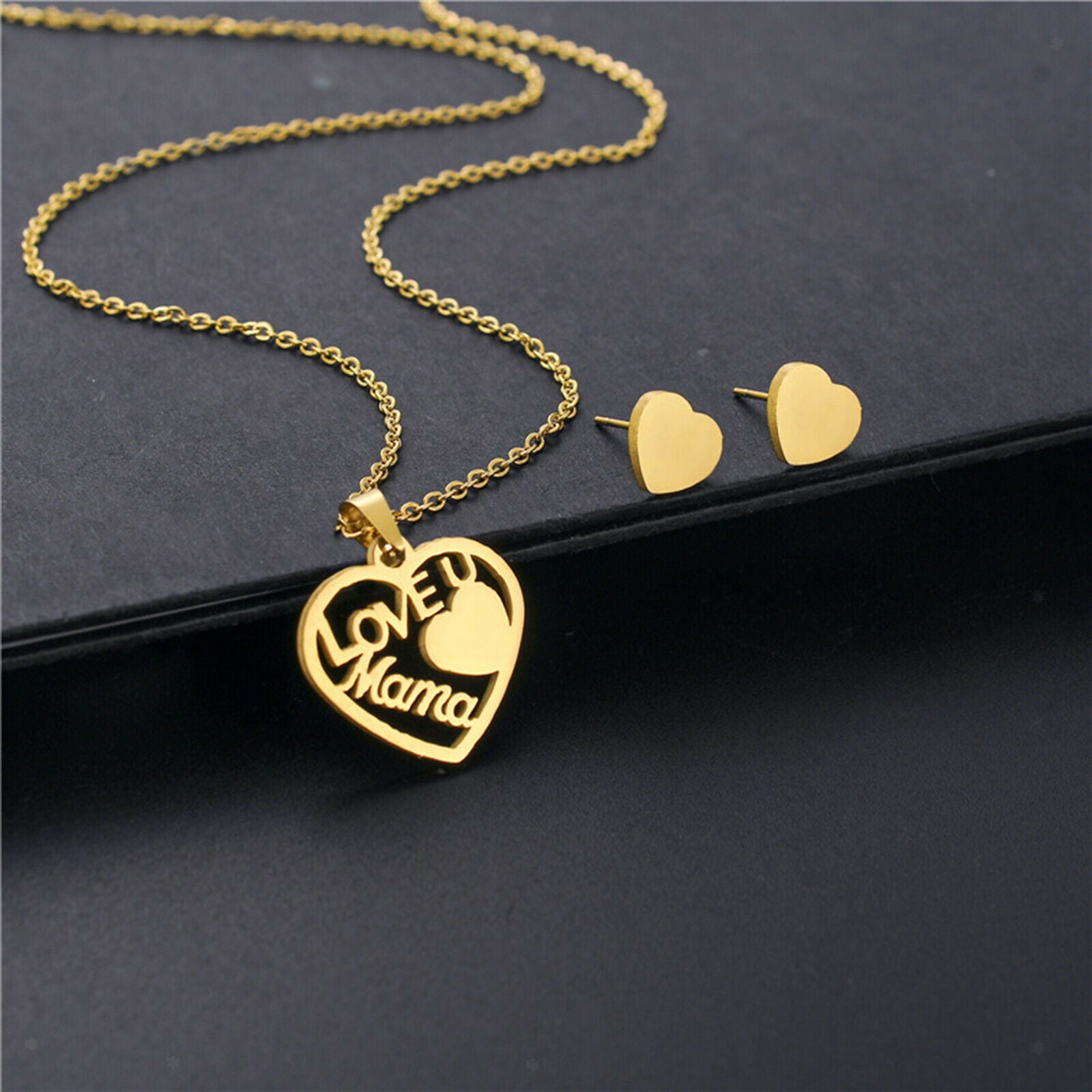 Love Mom Heart Pendant Necklace with 2 Ear Stud Earrings Stainless Steel