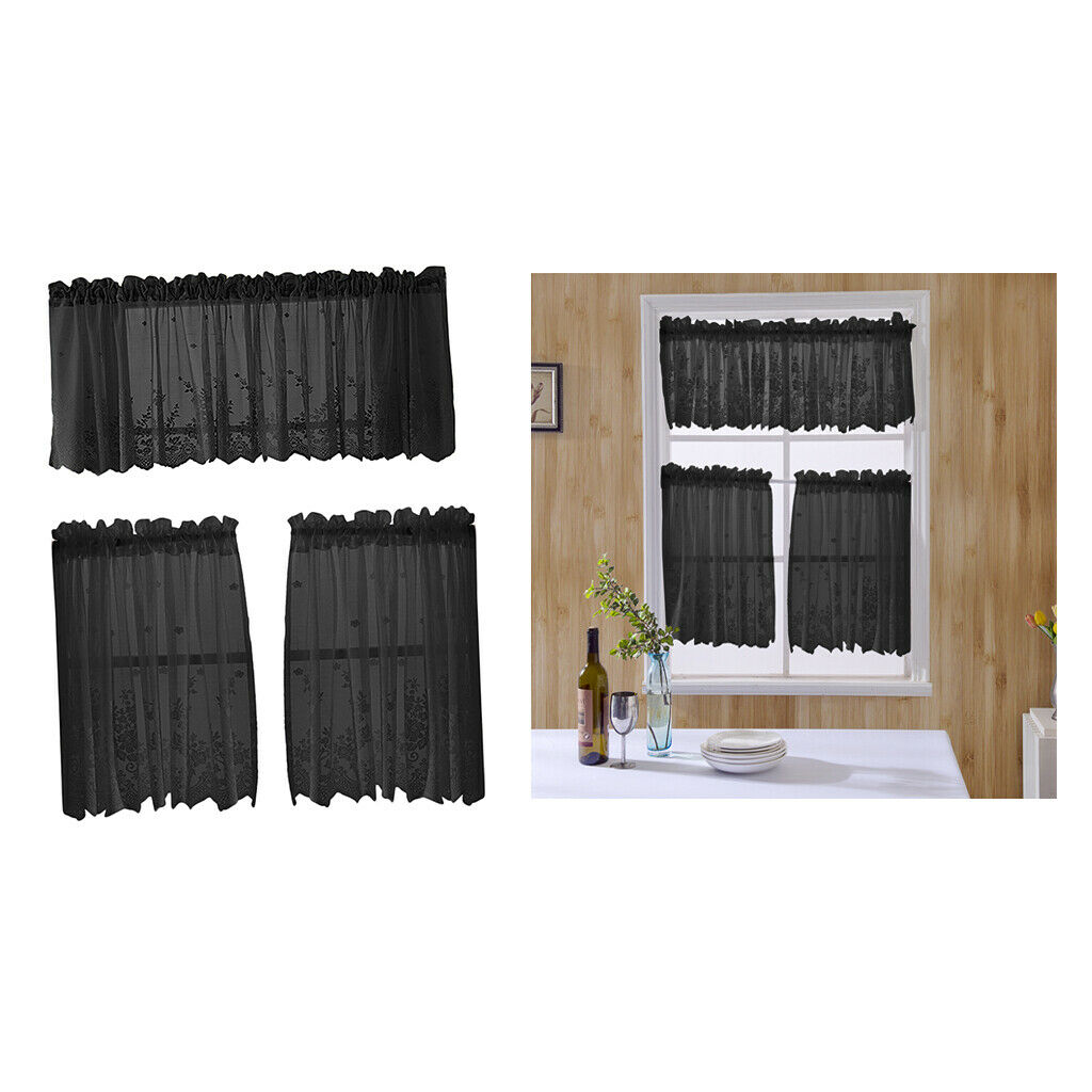 3 Pieces Kitchen Window Lace Curtain Set Embroidered CafÃ© Curtain Black_1
