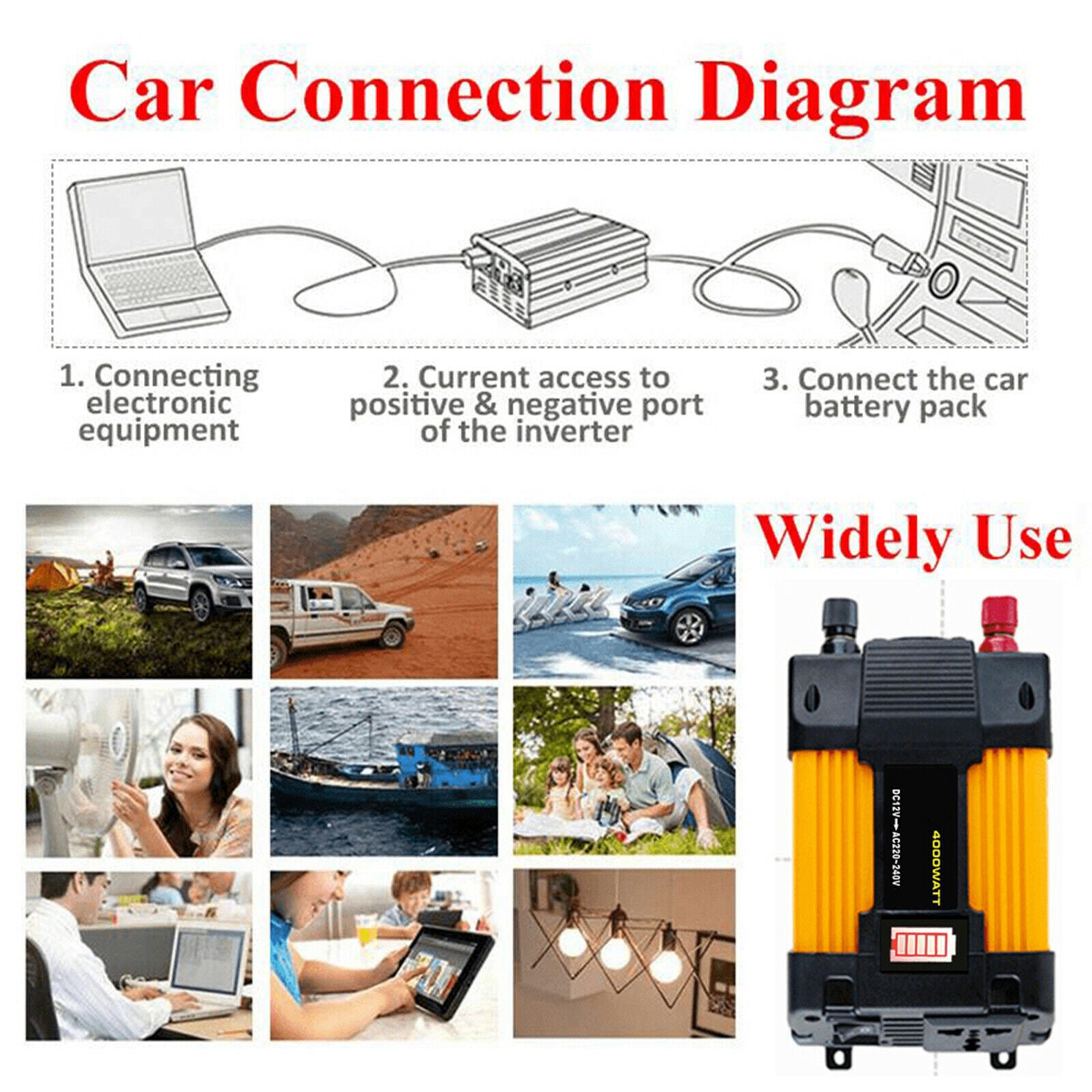 Inverter and 2 Battery Clip Charger for Outdoor Power Supply 220V 300W 4000W