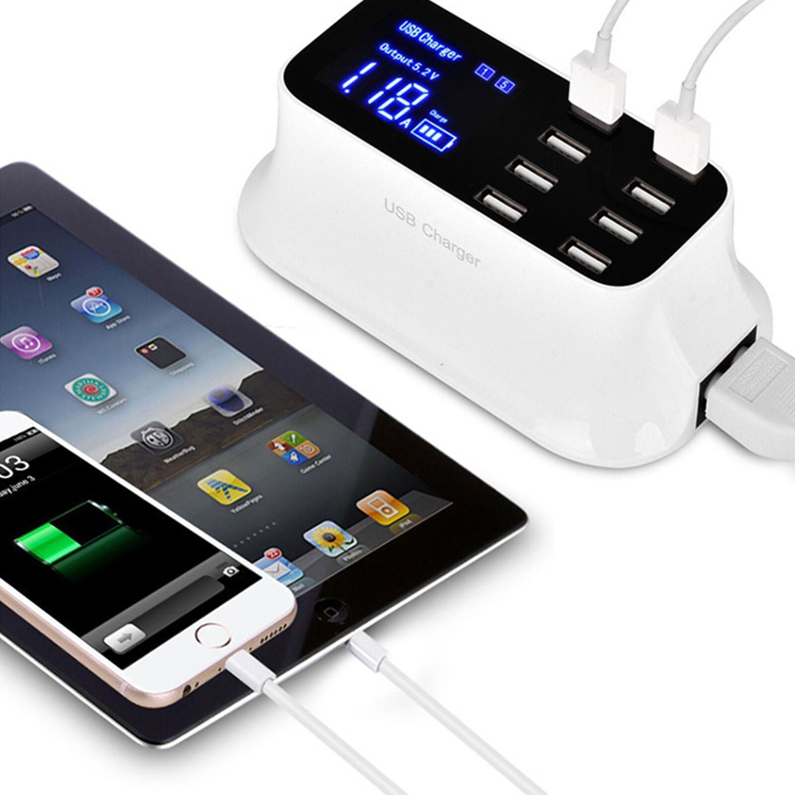 8 Multi-Port USB Adapter Desktop Wall Charger Smart LCD Display Charging Station