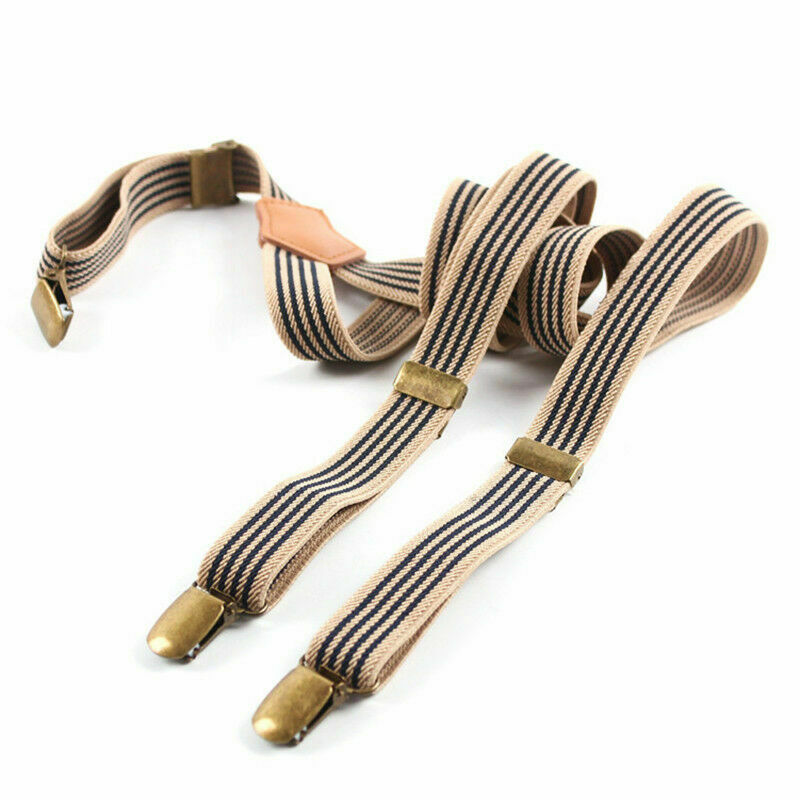 Men Womens Adjustable Stripe Trousers Suspenders Braces Clip On Fancy Dress Long