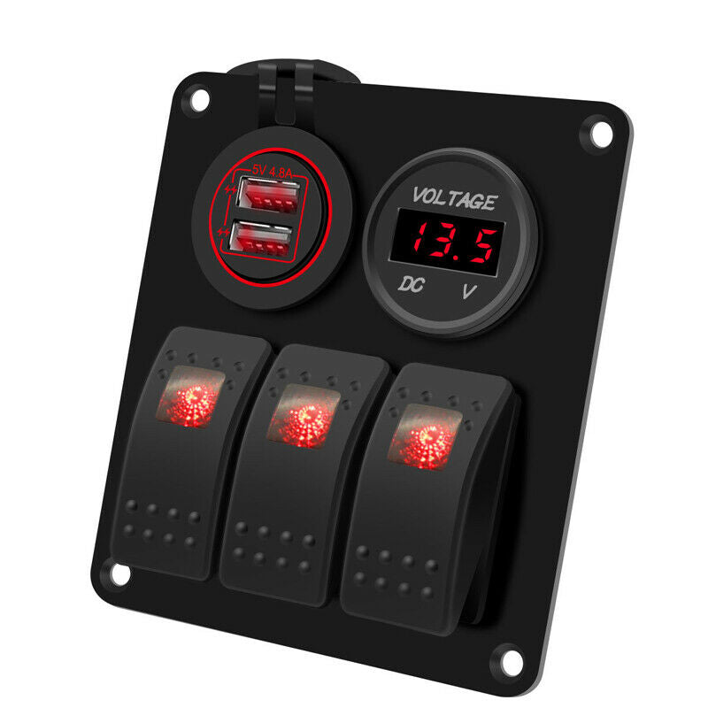 3 Gang Switch Panel 12V/24V Car Boat Yacht Red LED Rocker Breaker Control QC3.0