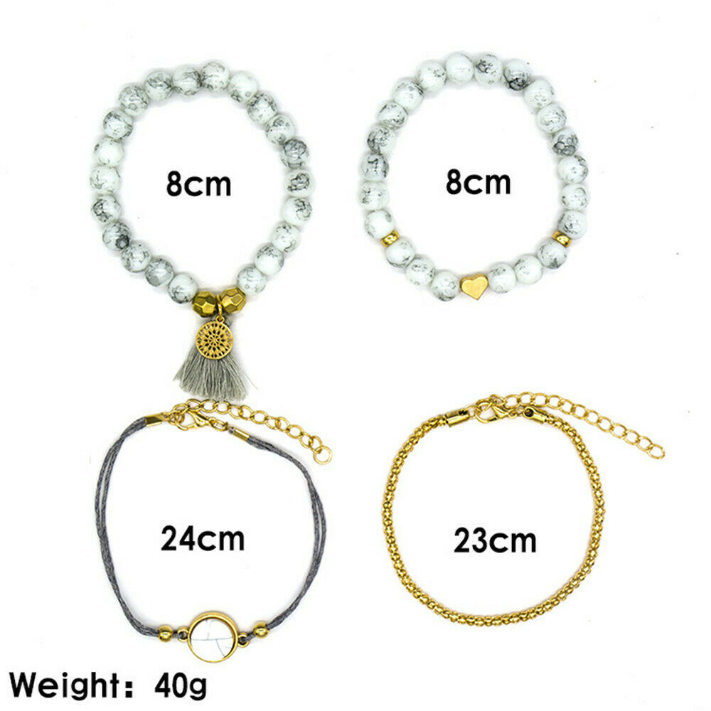 4Pcs/Set Boho Marble Beads Rope Tassel Bracelet Sets Womens Fashion Jewelry