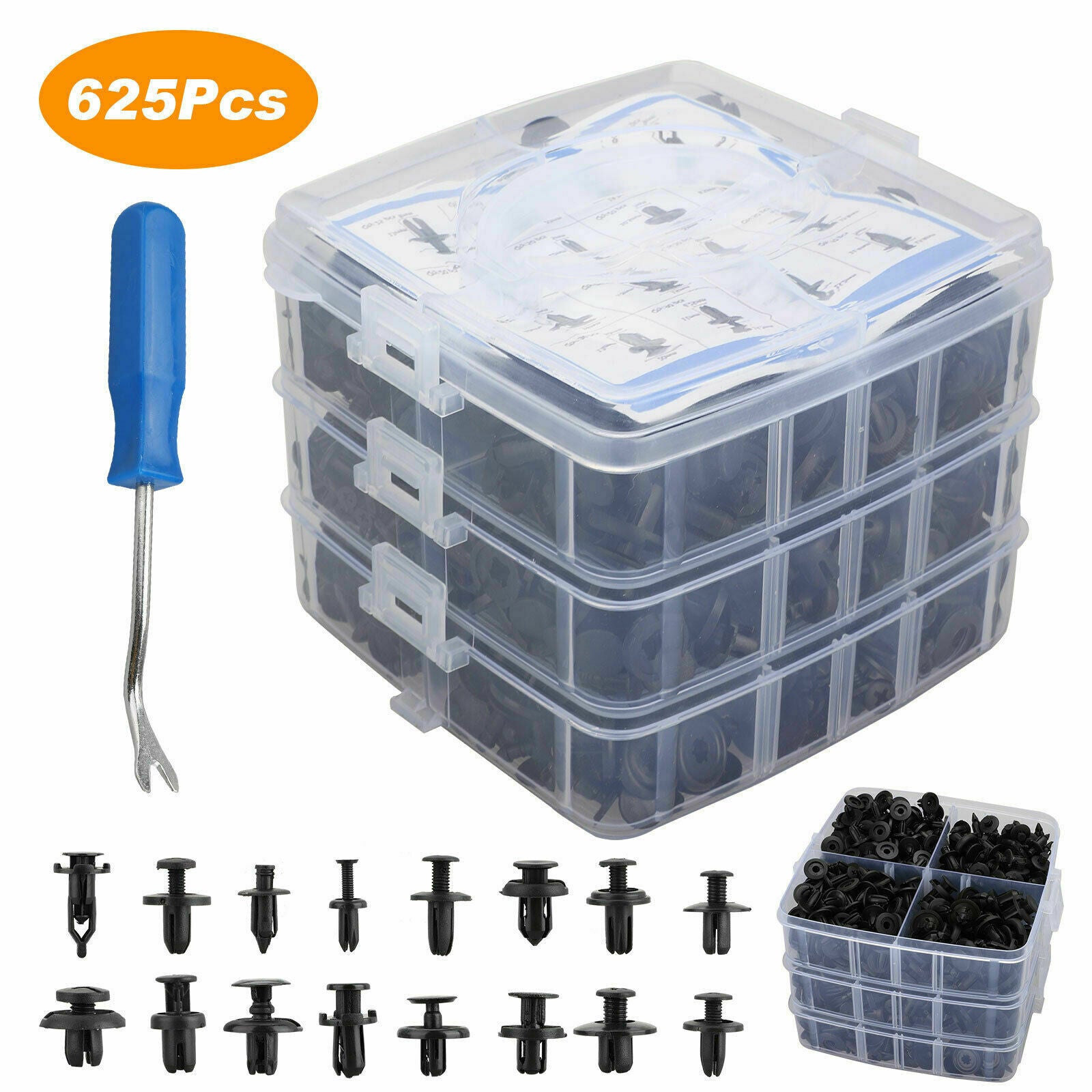 625Pcs Car Retainer Plastic Auto Fasteners Push Trim Clips Pin Rivet Bumper Kit
