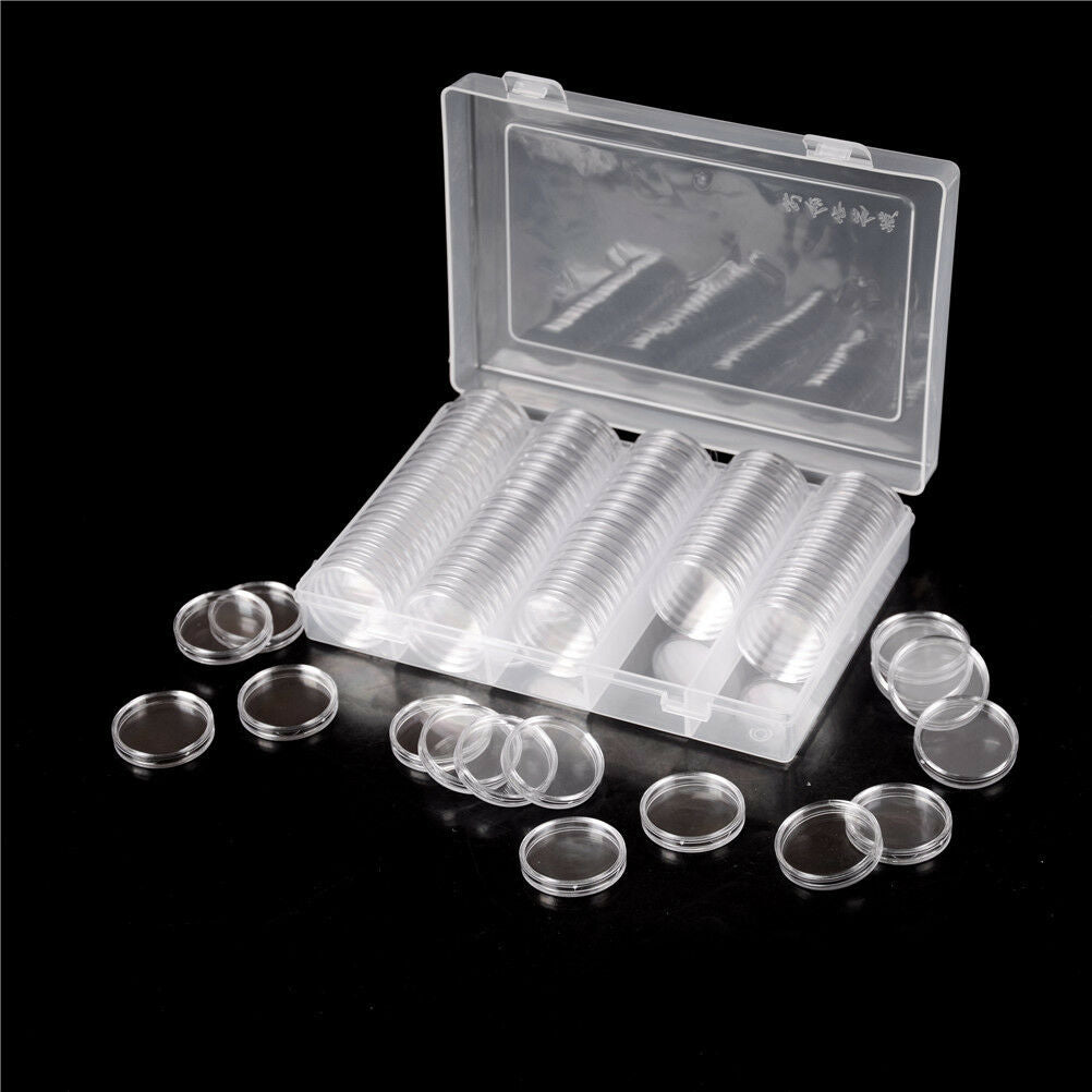 100 Clear Coin Capsules Coin Case Holders 27mm Round Storage Box HVB.DD