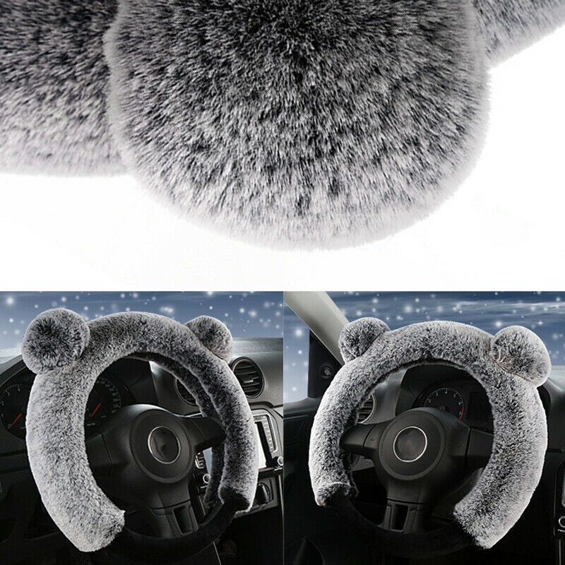 3Pcs/Set Fur Wool Furry Fluffy Thick Car Steering Wheel Cover Gray  Winter 38cm