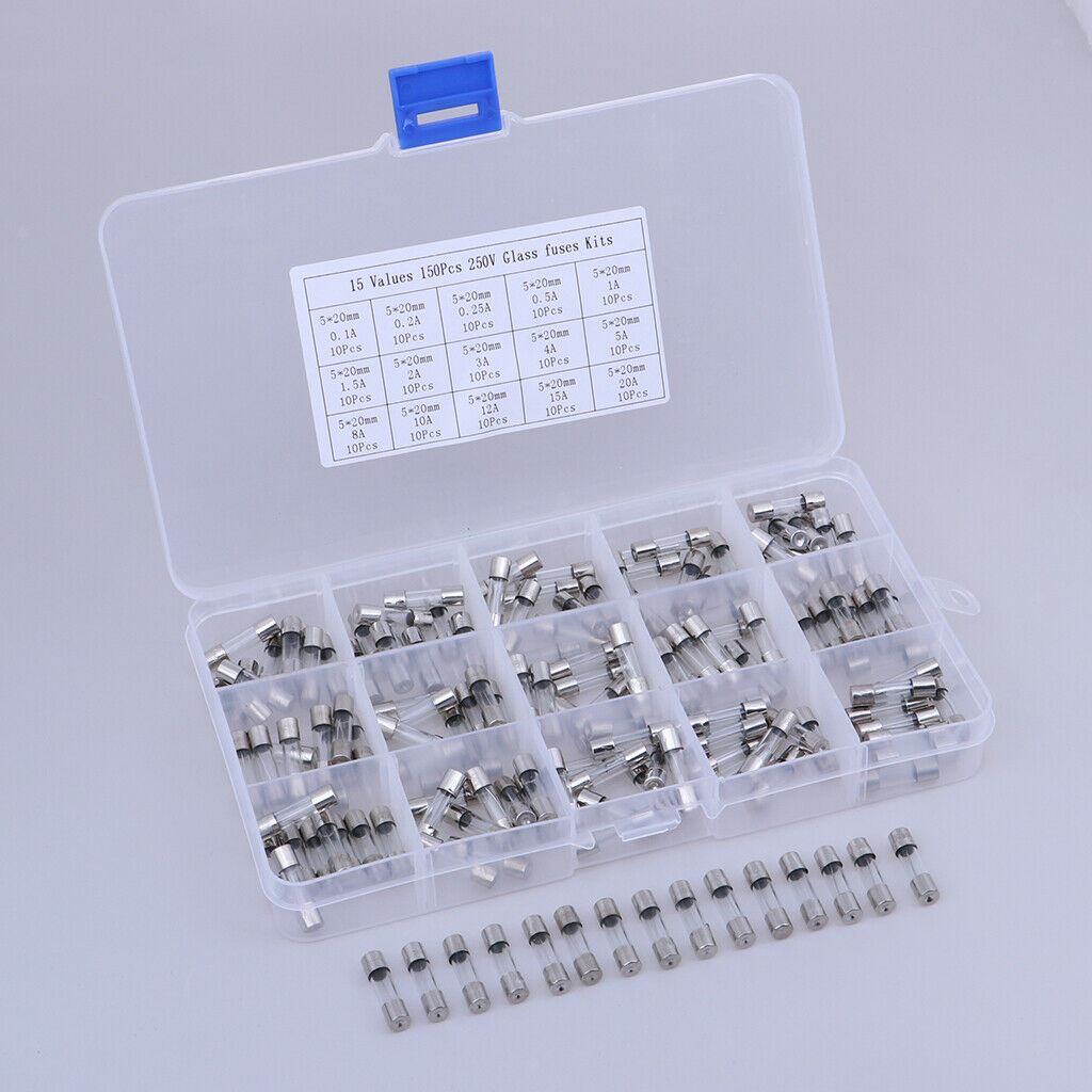 150x 15 Values 5x20mm 0.1A-20A Quick Fast Blow Glass Tube Fuse Assorted Kit
