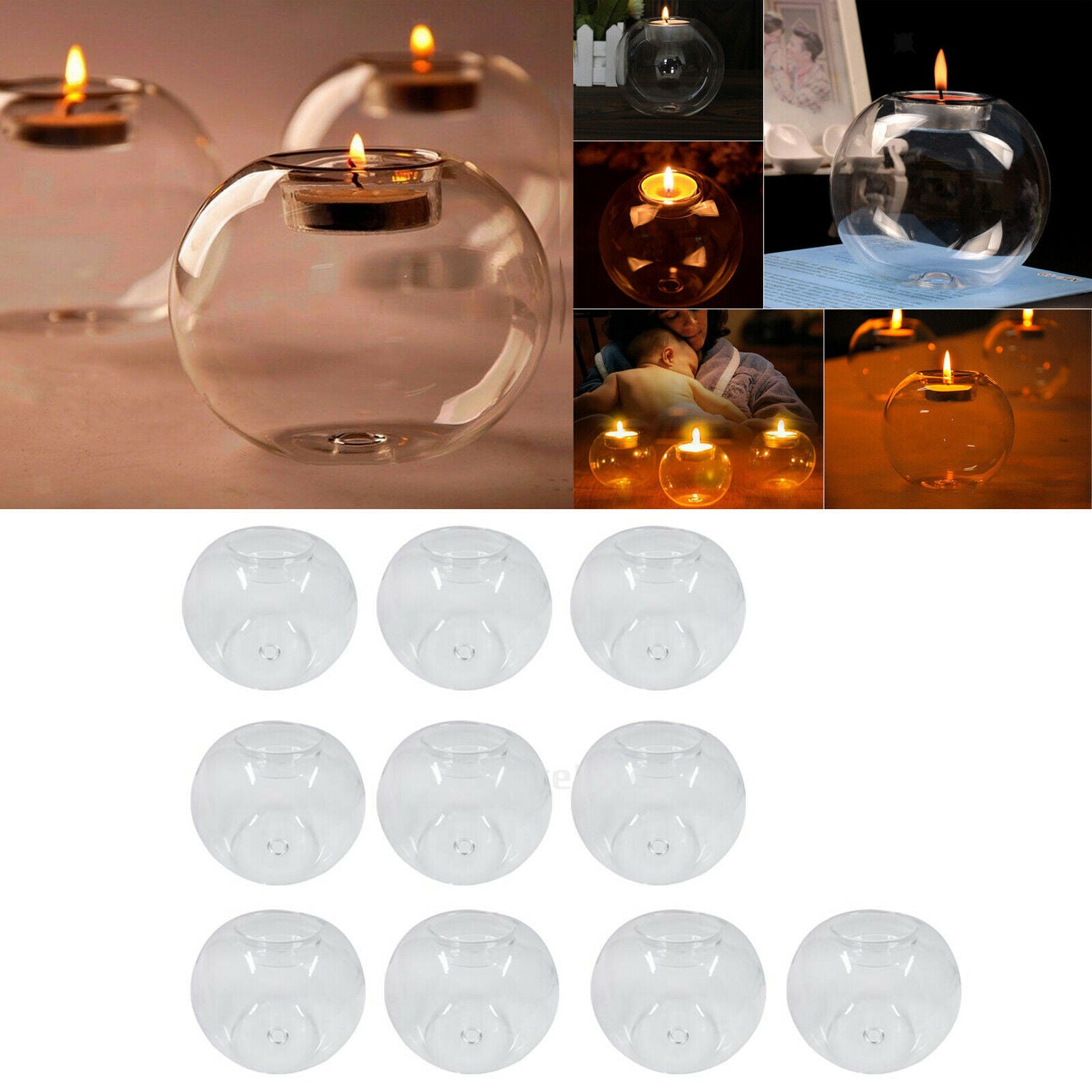 10pcs Thermal Glass Ball Tealight Candle Holder Holiday Wedding Decor 8cm