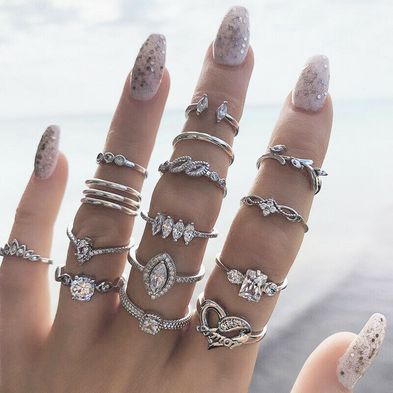 15Pcs Set Women Girls Midi Finger Ring Retro Punk Boho Knuckle Rings Jewelry HN