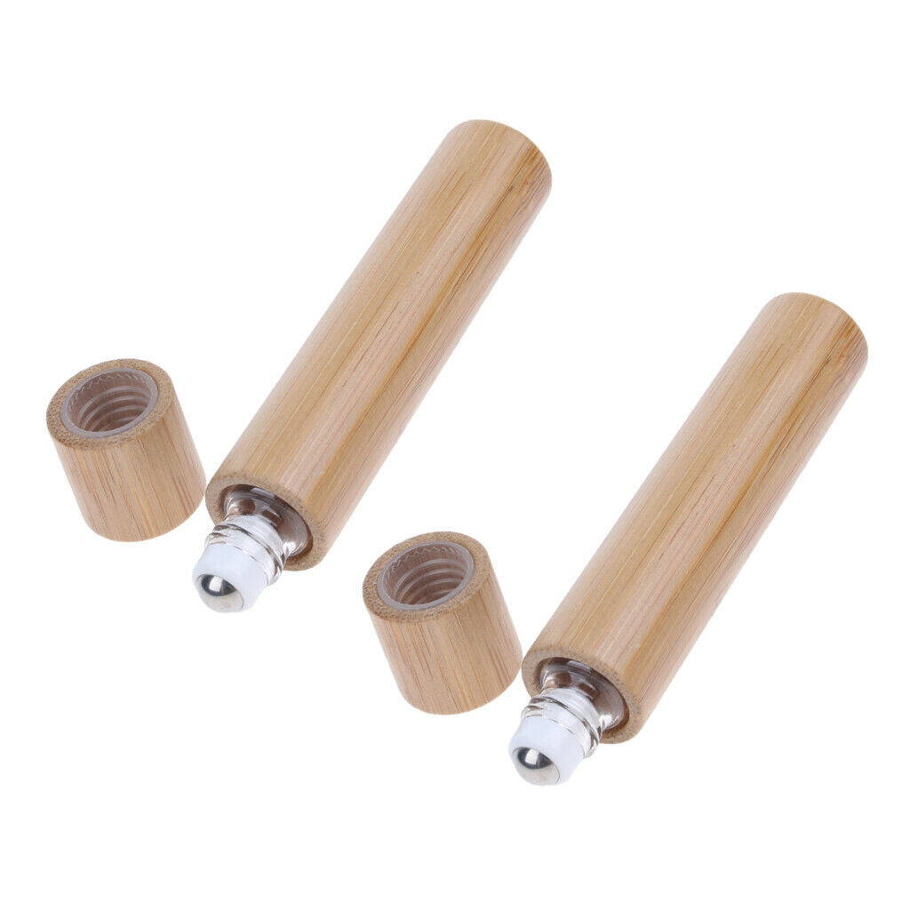 2X Empty Environmental Bamboo Shell Glass Perfume Roller Ball Bottles 15ml