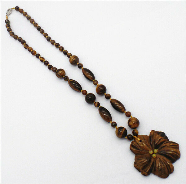 1 Strand 50x8mm Natural Tiger Eye Gem Flower Pendant Beaded Necklace HH7344