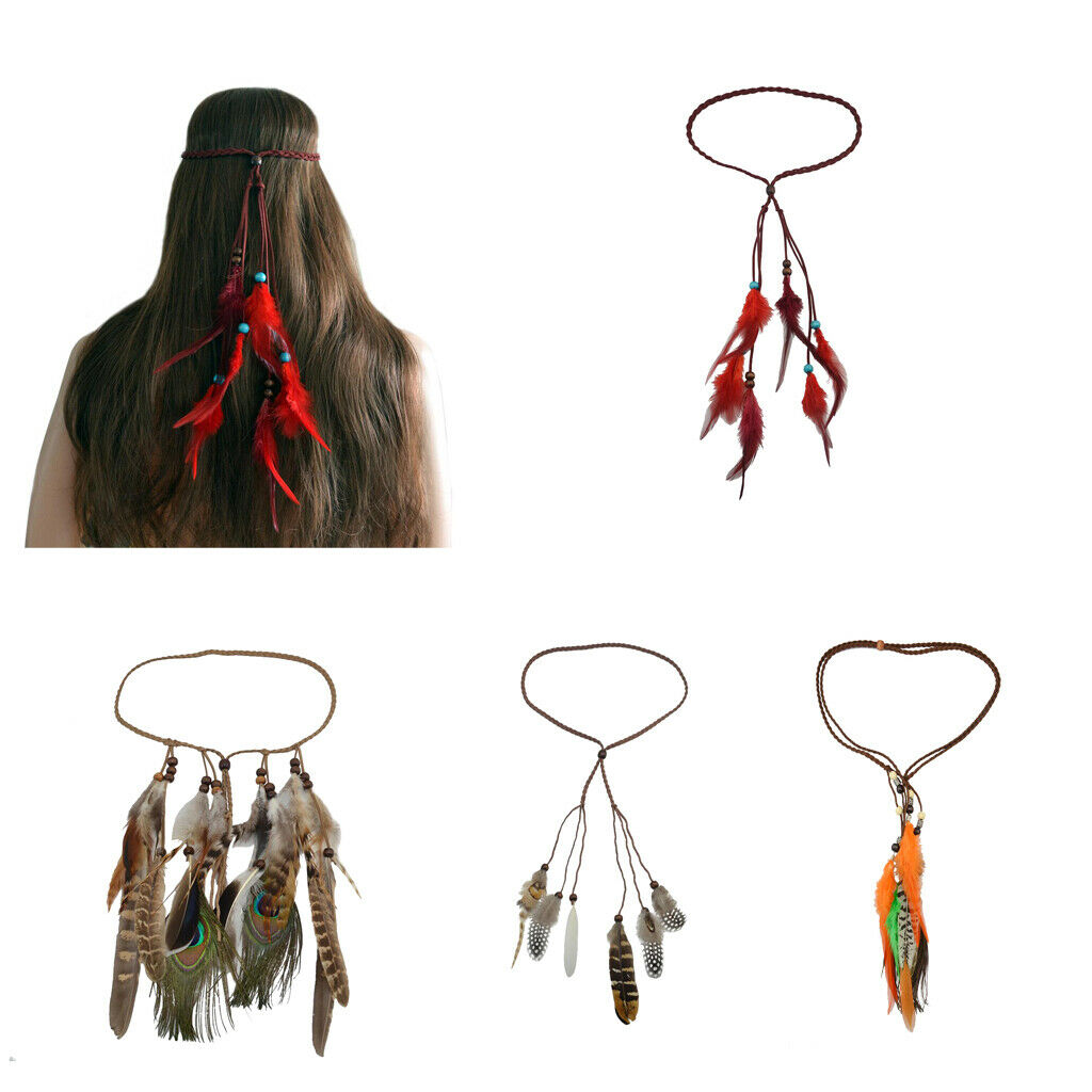 Behomian Ethnic Peacock Feather Long Tassels Headband Hair Headpiece Brown