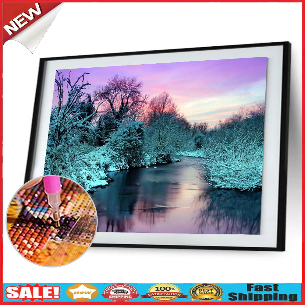 5D Diamond Embroider Painting DIY Snowy Forest Lake Full Drill Cross Stitch @