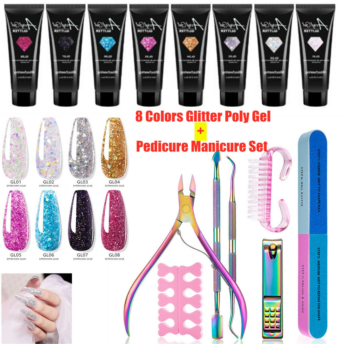 8 Colors sequins poly nail extension gel set & 8pcs Manicure pedicure tools kits