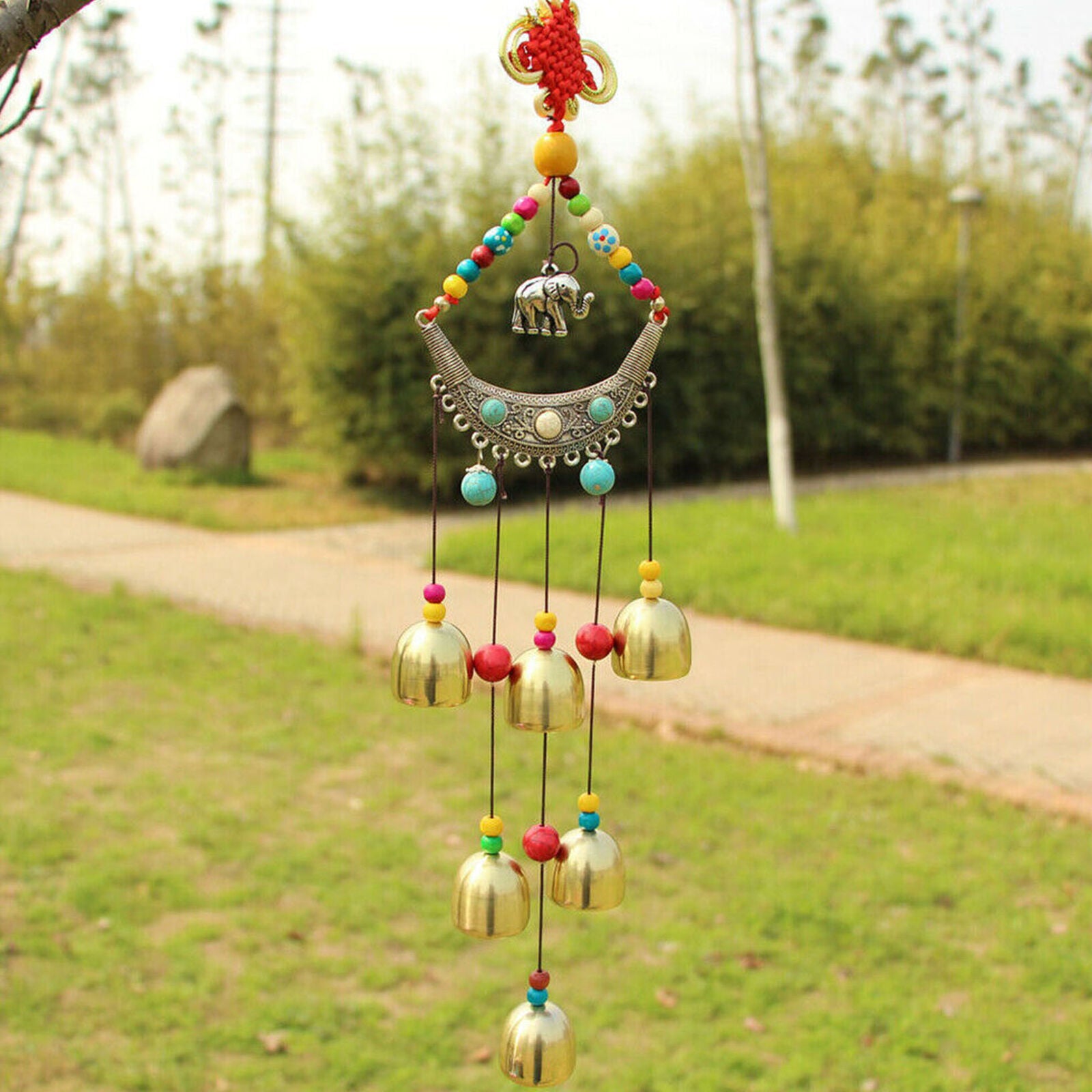 Tibetan Wind Chimes 6 Bells Chinese Knot Mascot Luck Outdoor Decor Garden Patio