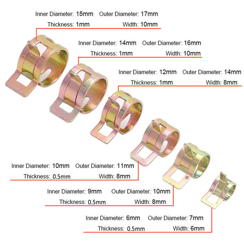 100Pcs 6-22mm Fuel Oil Water Hose Pipe Tube Spring Clip Clamp Fastener 10 Sizes