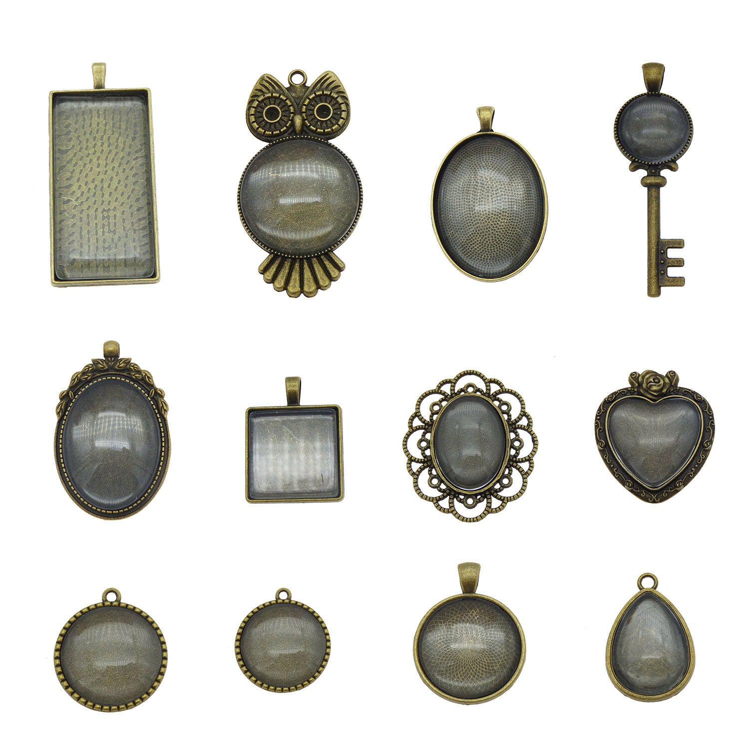 10 sets Antiqued Bronze Alloy Bezels Glass Cabochons Photo Making Pendants Mix