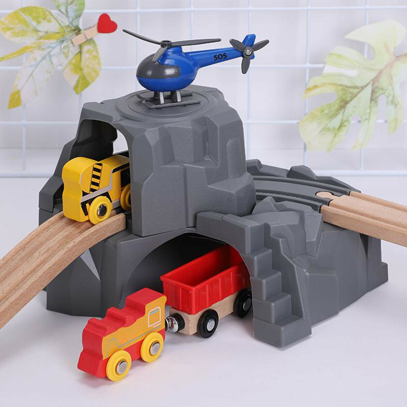 Double Tunnel Wooden Train Track for Tunnel Track Kids Birthday Gifts Toys