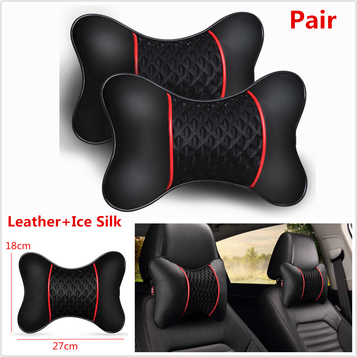 Auto Car Seat Headrest Neck Pillow Ice Silk+Leather Cervical Pillow Cushion Pad