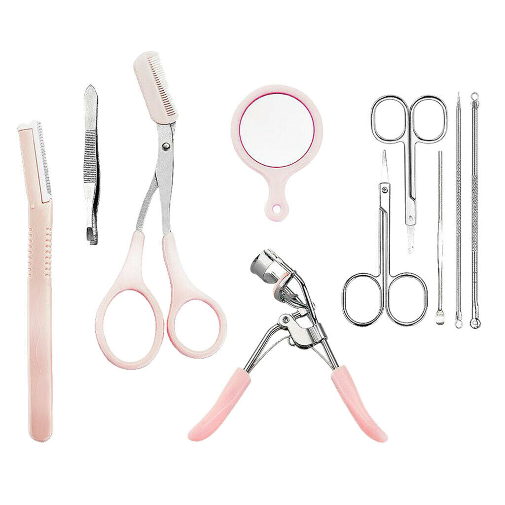 10pcs 10 in 1 Eyebrow Tools Tweezers Safe Scissors Razor Eyelash Curler Set