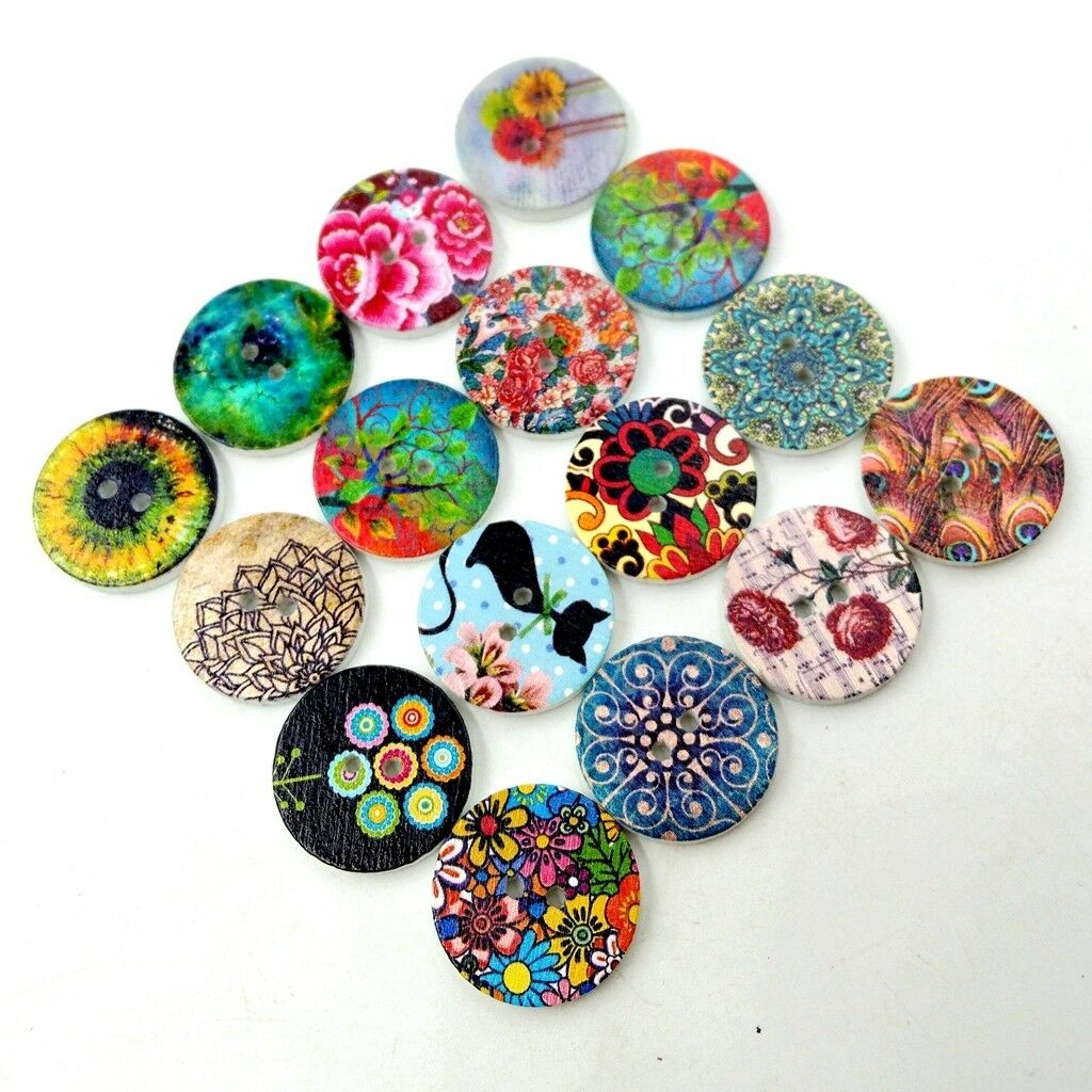 200pcs 2 Holes 20mm Mixed Wooden Buttons for Sewing Scrapbooking DIY 20mm