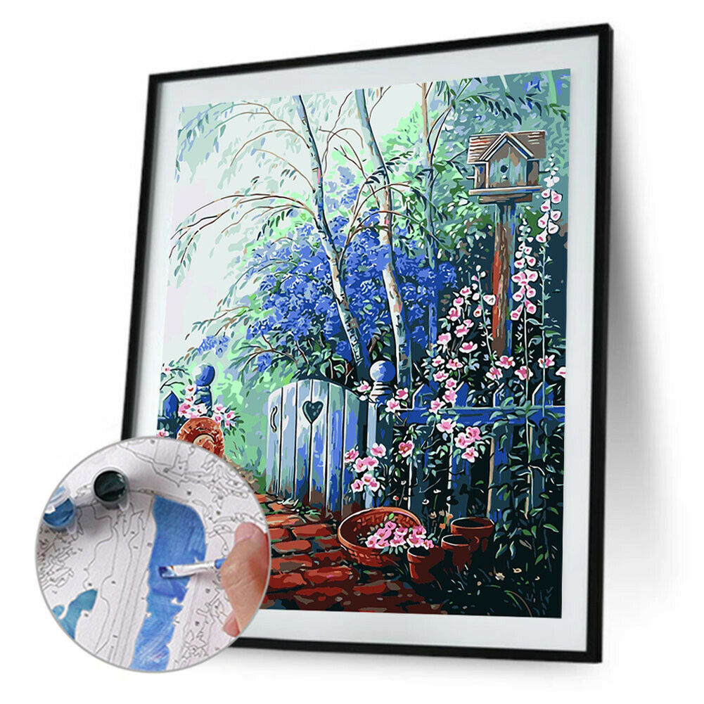 DIY Digital Canvas Blue Garden Oil Picture By Number Kits Art Modern Decor @