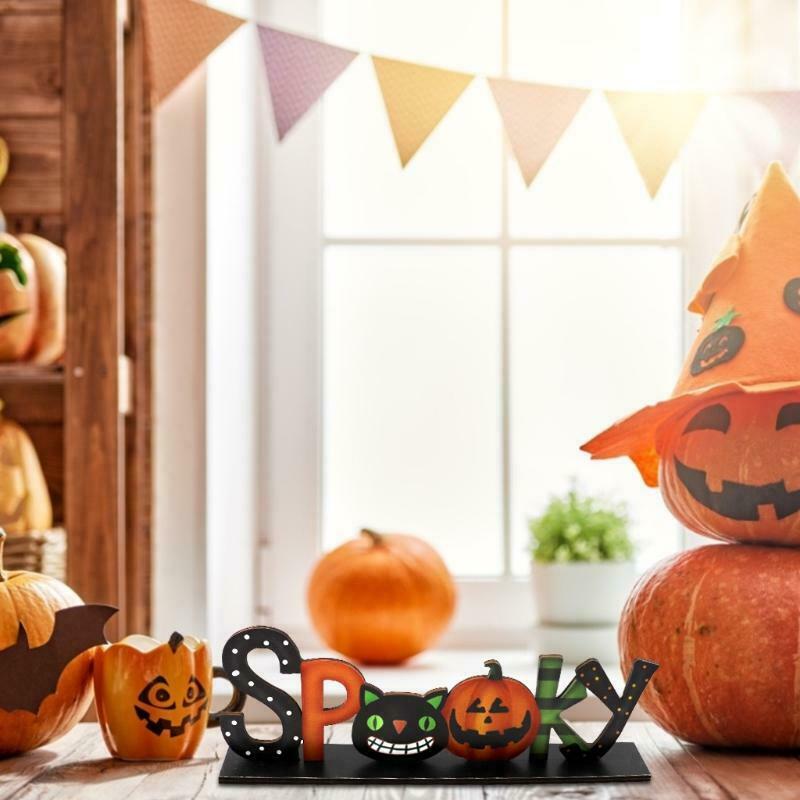 Spooky Letters Wooden Sign Halloween Table Decor Pumpkin Cat Desktop Ornament