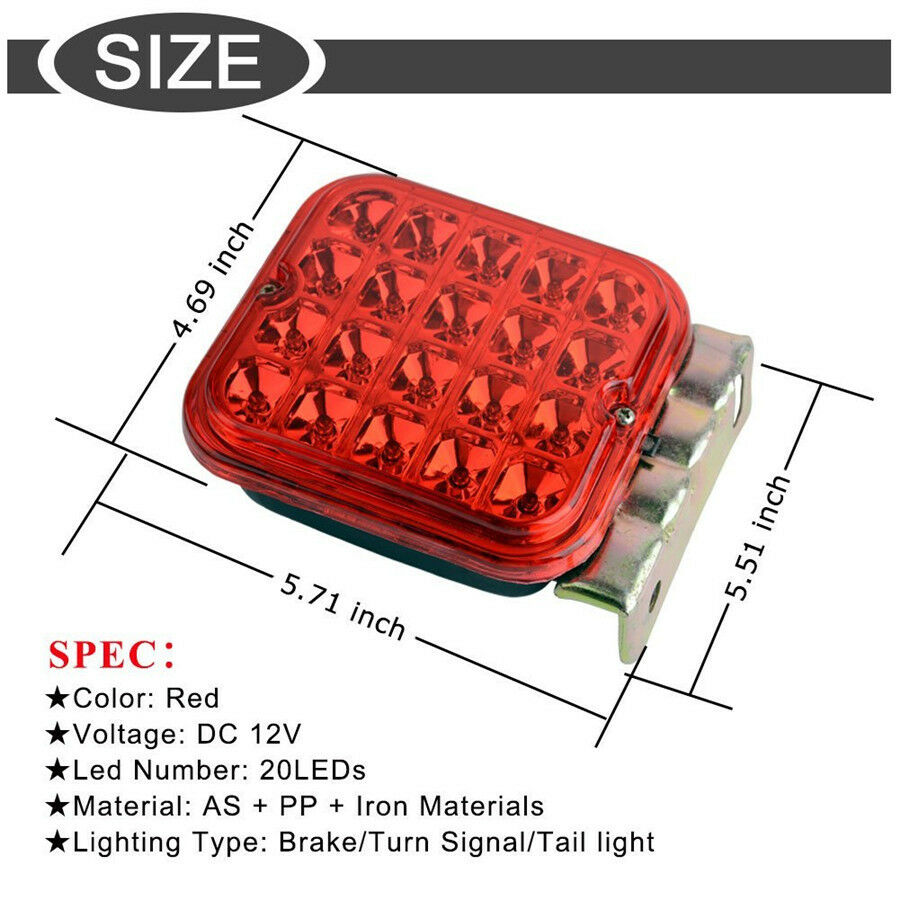 2 Piece Waterproof Red LED Square Tail Brake Turn Signal Lights for Truck RV Car