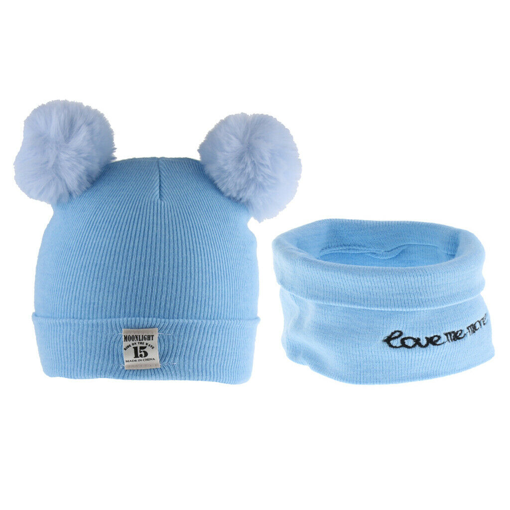 2pcs set Baby Winter Warm Knit Hat Infant Toddler Pom Beanie   Sky Blue