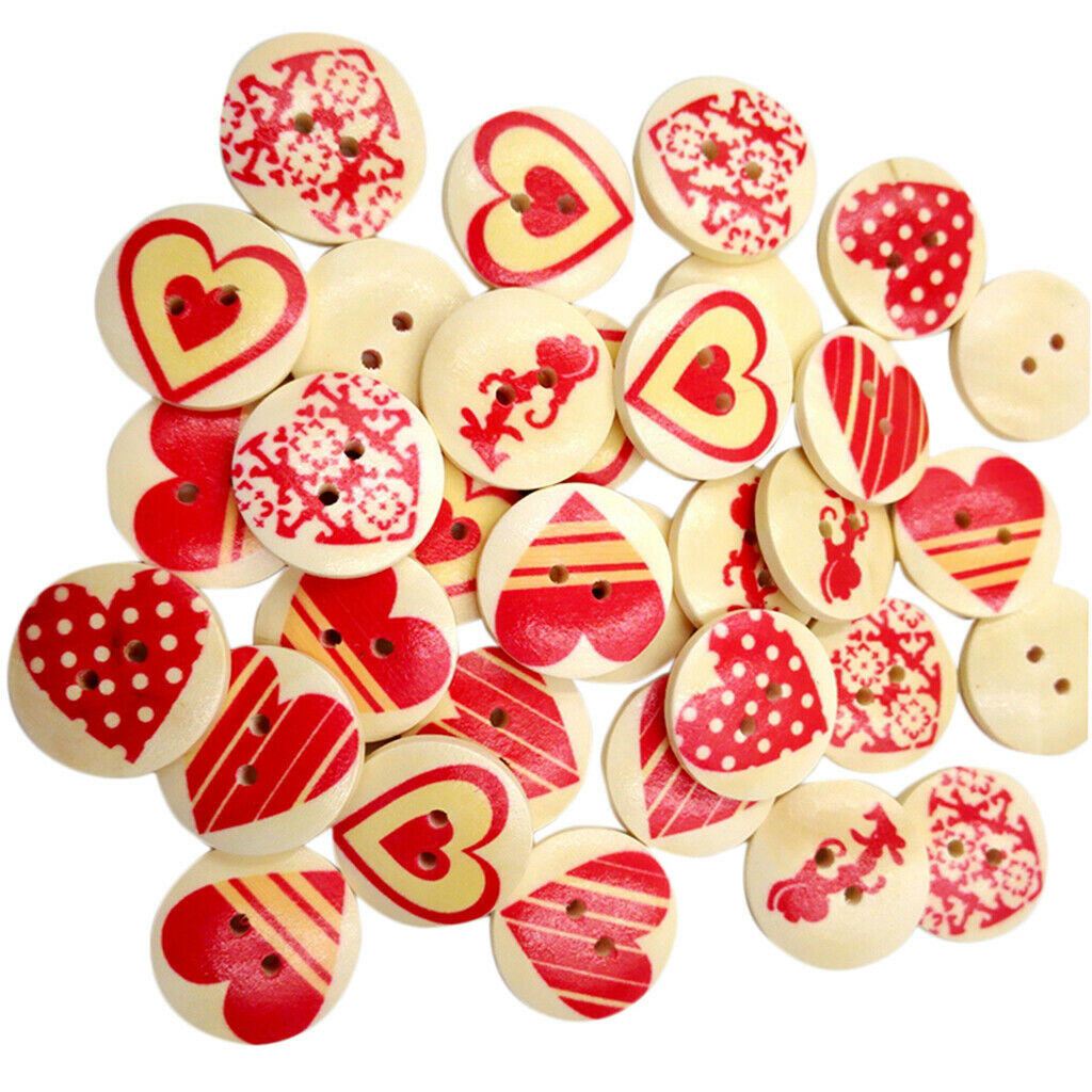 50 Round Heart Pattern Wood 2 Holes Buttons Cardmaking Decor Embellishments