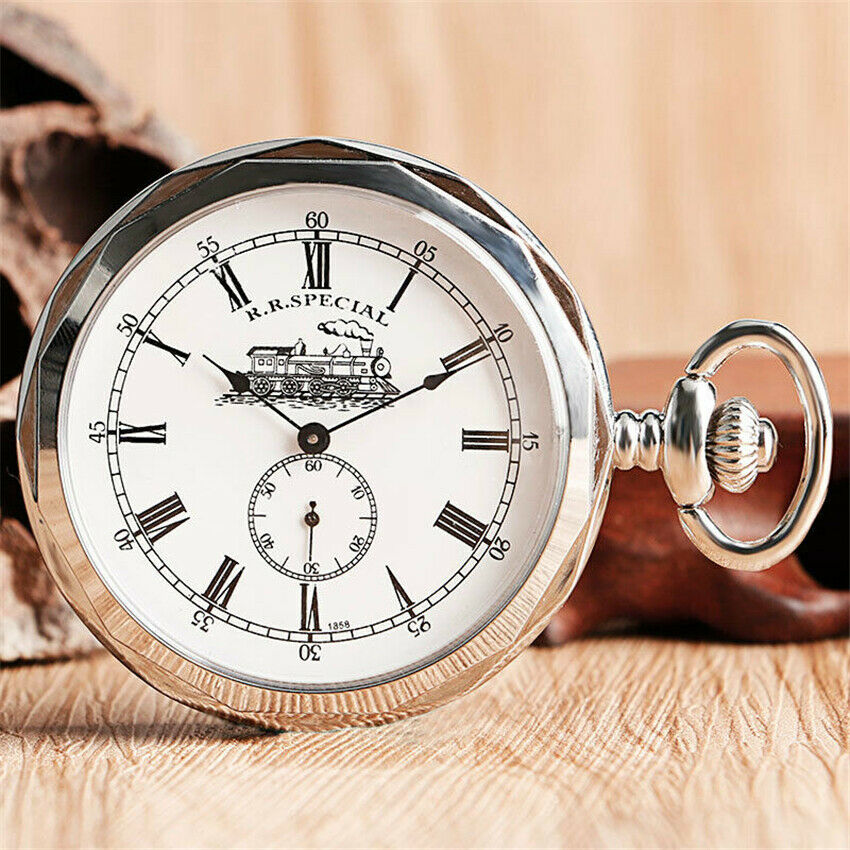 Retro Open FaceSilver Railway Mechanical Hand Winding Pocket Watch Chain Gift