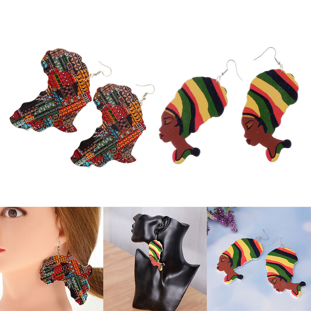 2Pairs Ethnic Natural wooden African Map Club Lady Women Dangle Earrings