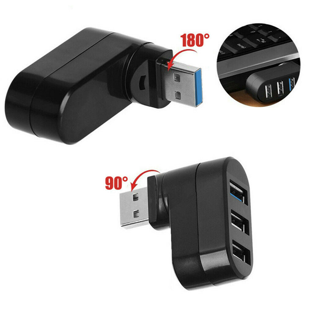 2X 180 Degree Rotatable 3 Ports HUB USB 3.0 + 2 USB 2.0 Adapter Splitter Black