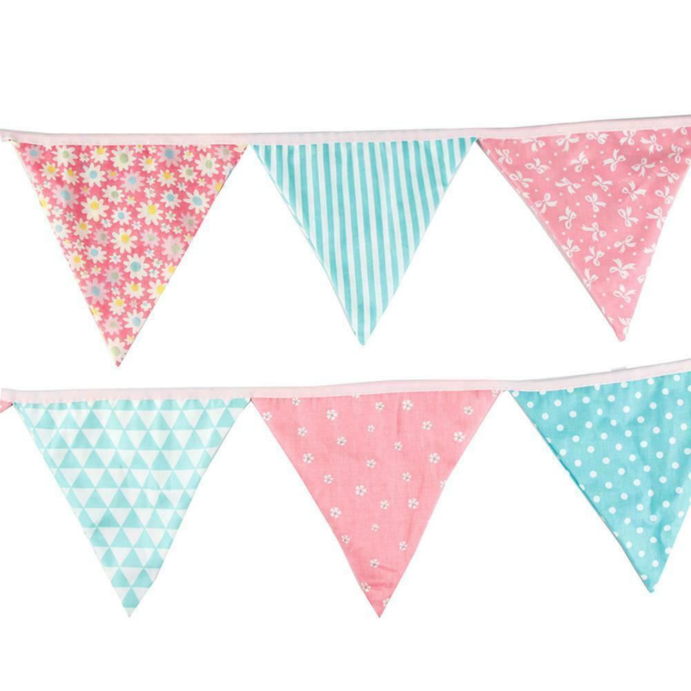 12 Flags Pink Blue Floral Cotton Fabric Bunting Pennant Banner Birthday @
