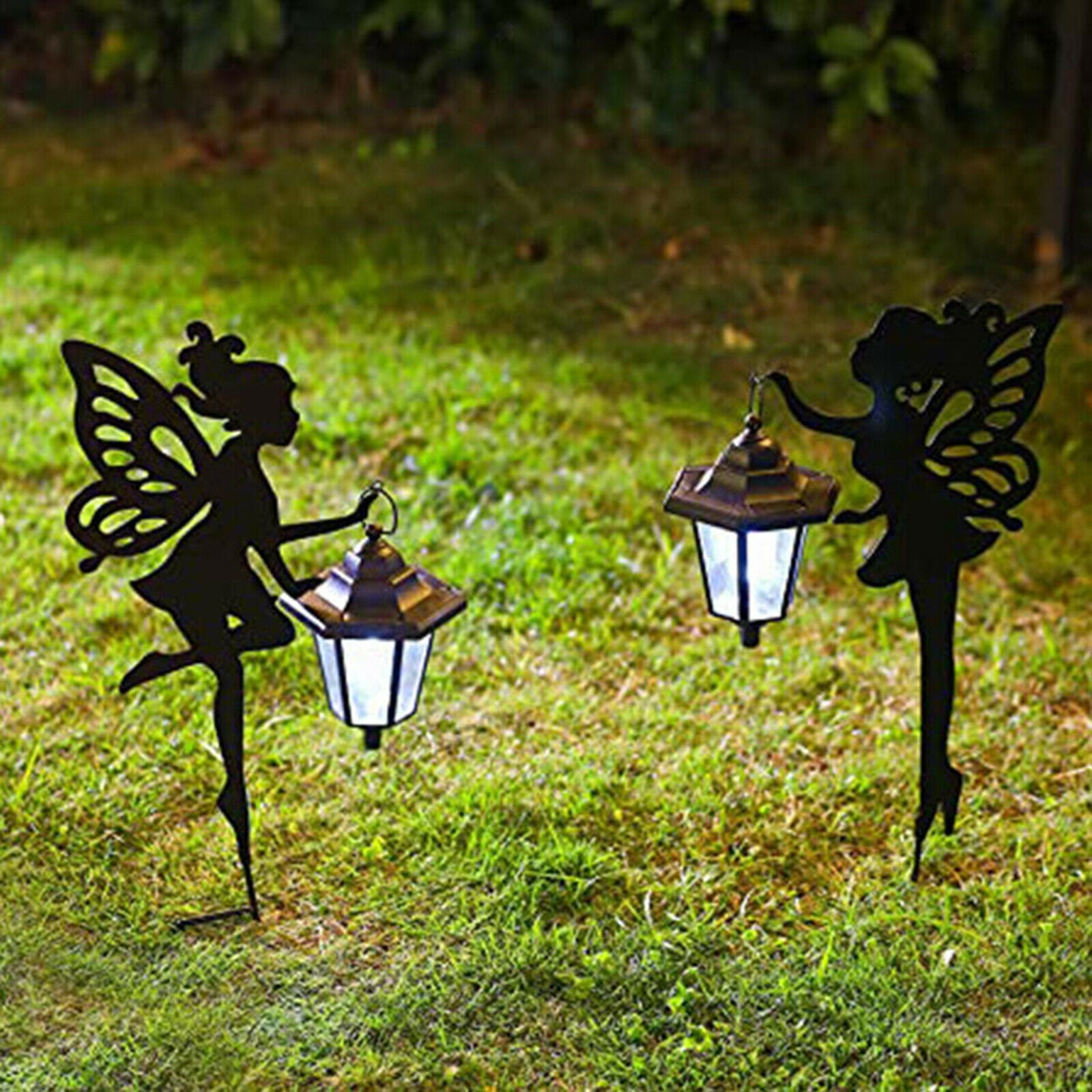 Solar Lighted Girl Statue Garden Metal Fairy Silhouette Lawn Yard Ornament