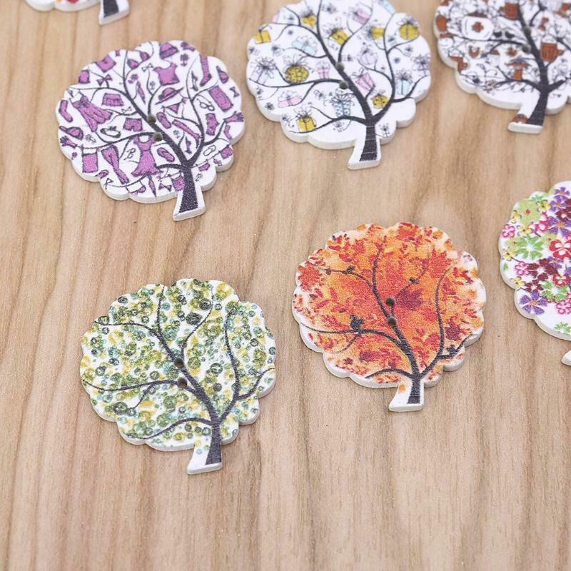 25 Pcs Painted Tree Cartoon Wooden Sewing Buttons Bulk Assorted Cute Pattern