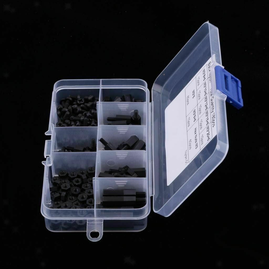 180Pcs Nylon M3 M-F Black Screw Nut Assorted Hex Spacers Stand-off Kit Set + Box