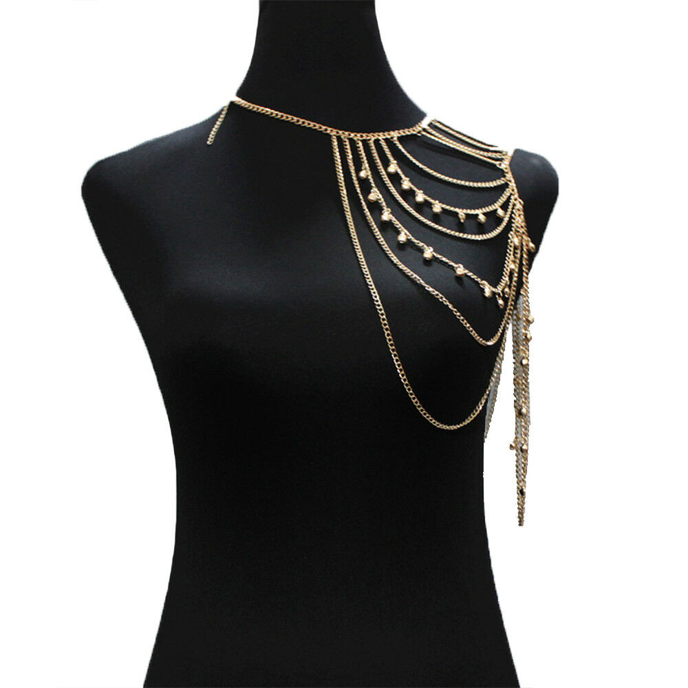 Single Shoulder Necklace Harness Multi-layer Body Chain with Beads Necklace