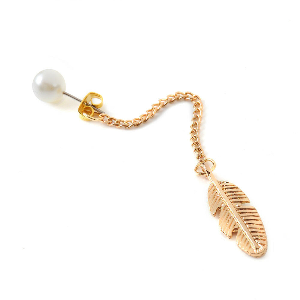 Korean Style Simulated Pearls Long Tassel Leaf Feather Dangle Earrings Jewelry