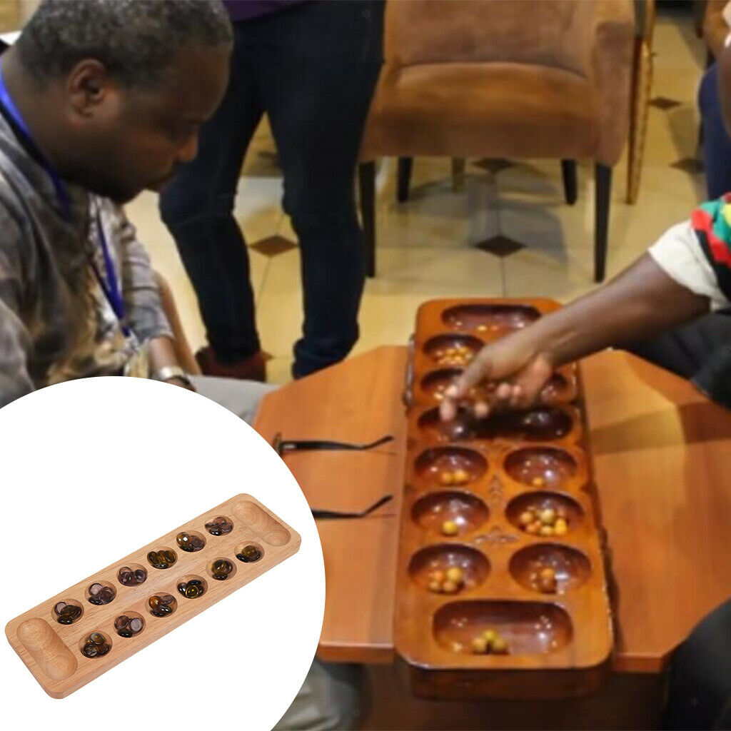 Wooden Mancala Board Game with 48 Stones for 2 Players Home Entertainment