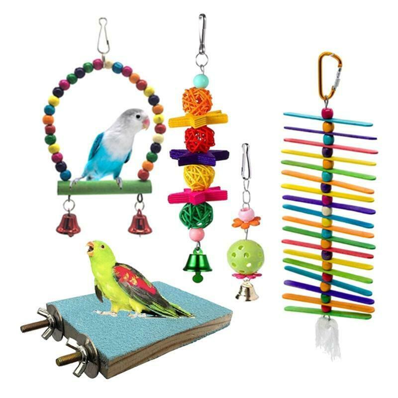Parrots Toys 5Pcs Set Wooden Beads Perch Swing Platform Rattan Balls for Cage