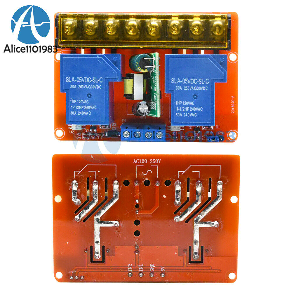 AC100-250V 30A 2 Channel Relay Switch DC 5V Hgh Low Level Trigger Control Module