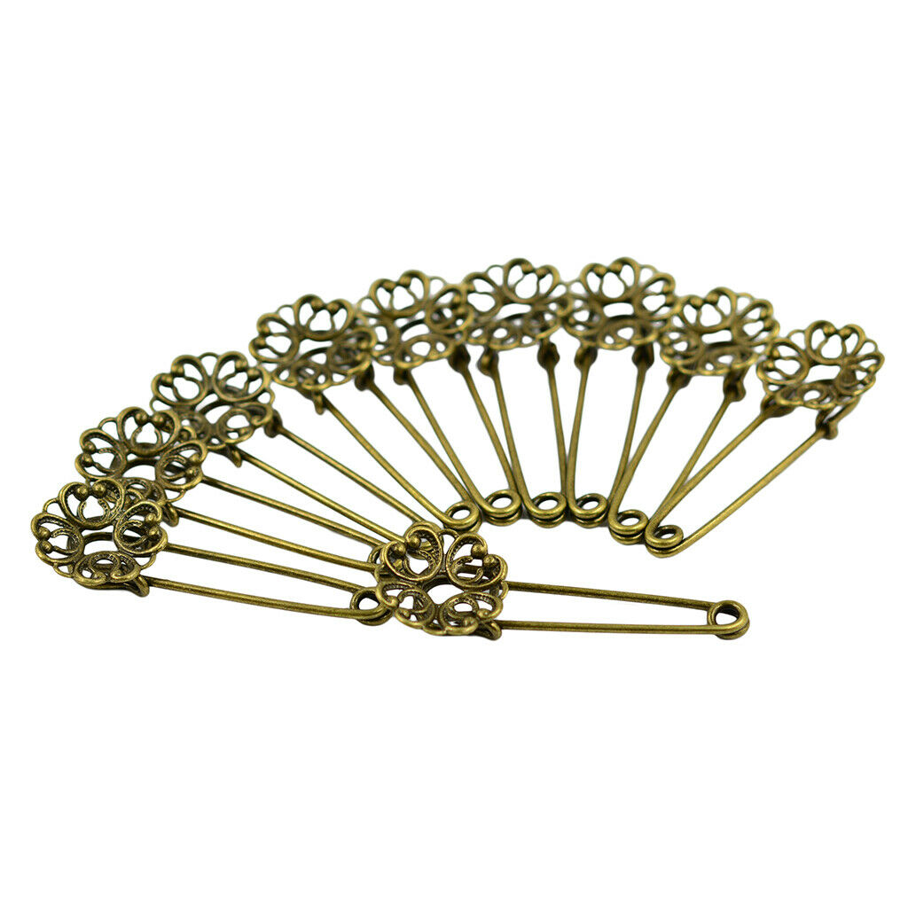 10pcs Blank Filigree Flower Base DIY Hijab Brooches Safety Pins Retro Bronze